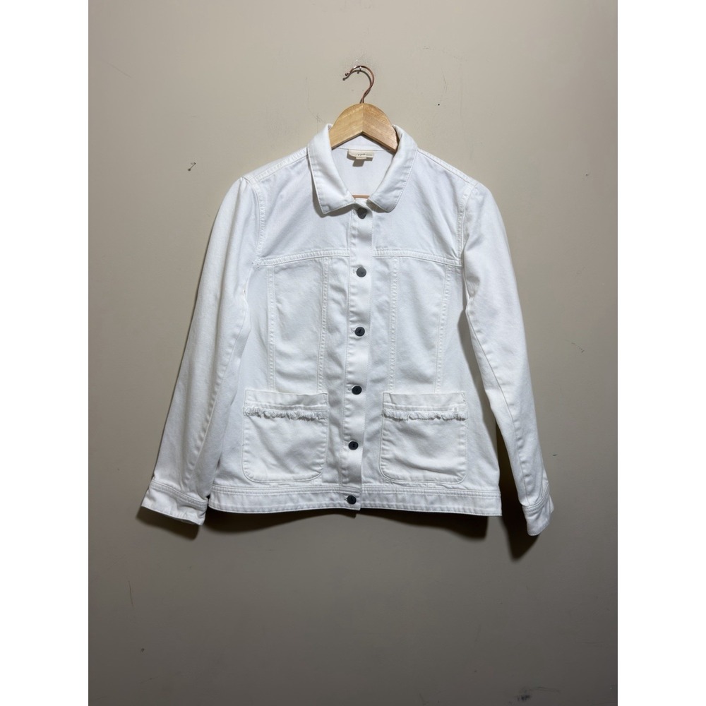 J. Jill Denim White Trucker Jacket Fringe Pockets Womens Medium